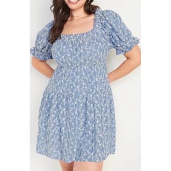 Old Navy Blue Floral Embroidered Babydoll Dress Size L Womens Short Sleeve - Picture 1 of 7